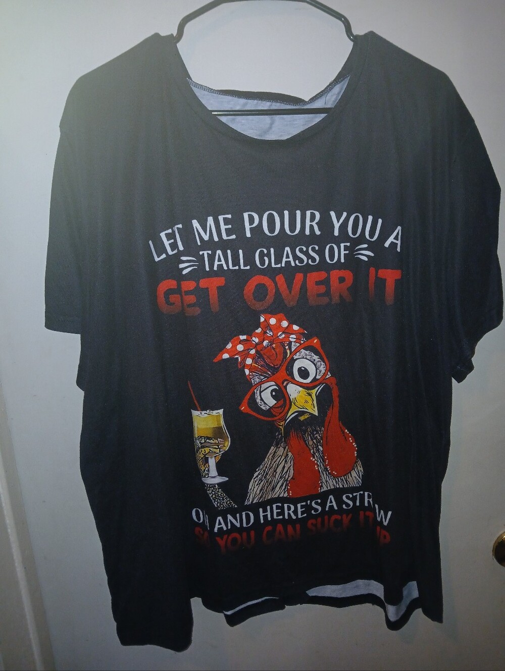 Black Graphic Tee with Red Chicken and Slogan